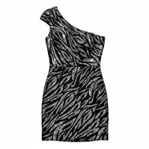 Beyond 0 Black Silver Sequin Zebra One Shoulder Womens Mini Dress Party